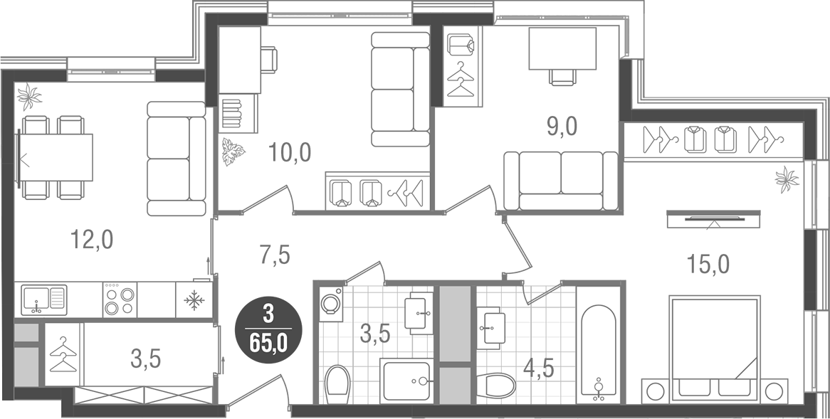 Планировка — Кантемировский, 3-комн., 65 м²