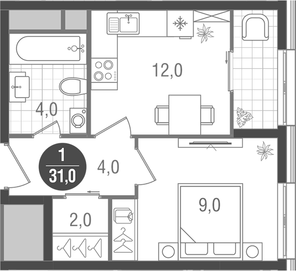 Планировка — Кантемировский, 1-комн., 31 м²
