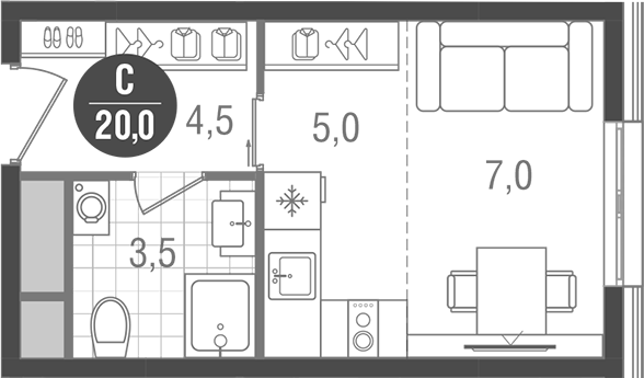 Планировка — Кантемировский, Студия, 20 м²