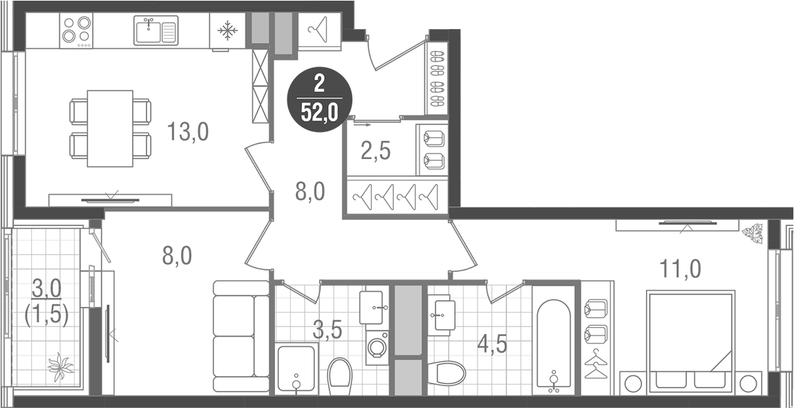 Планировка — Кантемировский, 2-комн., 51 м²