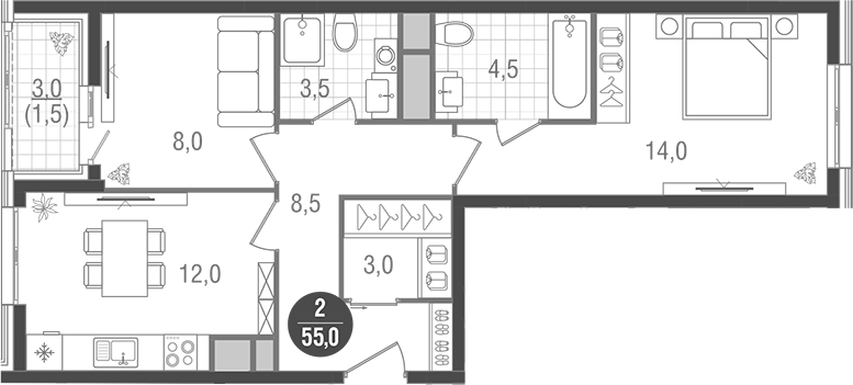Планировка — Кантемировский, 2-комн., 54 м²