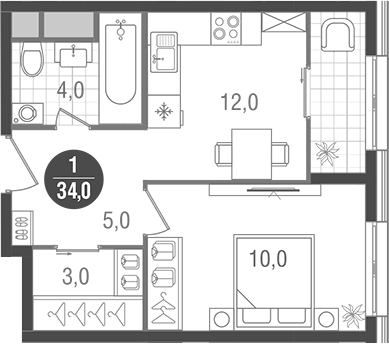 Планировка — Кантемировский, 1-комн., 34 м²