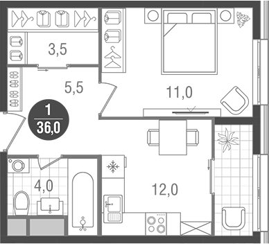 Планировка — Кантемировский, 1-комн., 36 м²