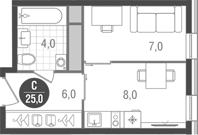 Планировка — Кантемировский, Студия, 25 м²