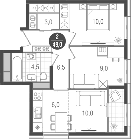 Планировка — Кантемировский, 3-комн., 49 м²