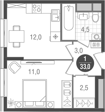 Планировка — Кантемировский, 1-комн., 33 м²