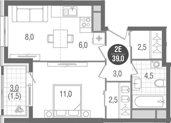 Планировка — Кантемировский, 2-комн., 38 м²