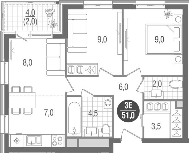 Планировка — Кантемировский, 3-комн., 49 м²