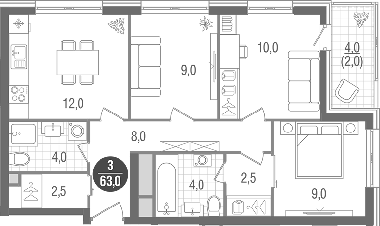 Планировка — Кантемировский, 3-комн., 61 м²