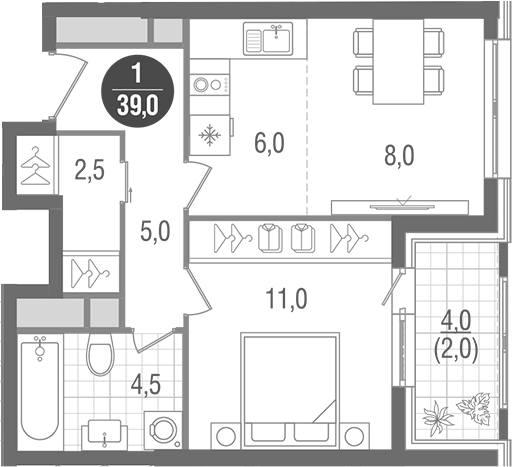 Планировка — Кантемировский, 2-комн., 37 м²
