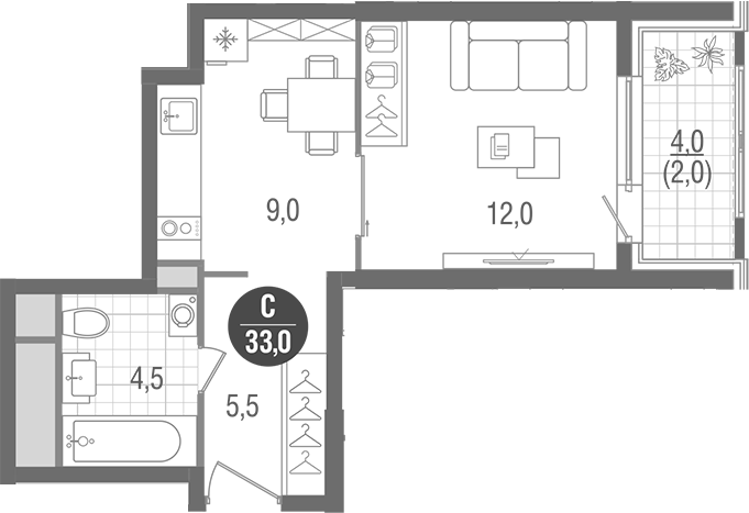 Планировка — Кантемировский, Студия, 31 м²