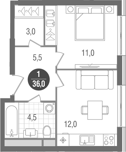 Планировка — Кантемировский, 1-комн., 36 м²