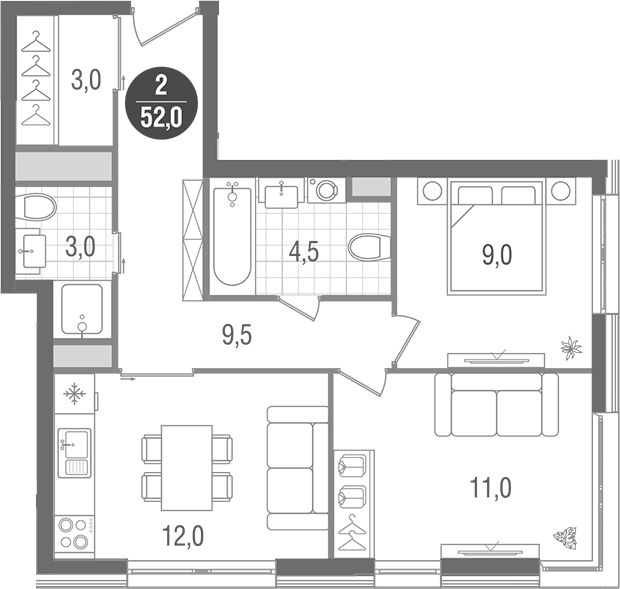 Планировка — Кантемировский, 2-комн., 52 м²
