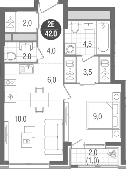 Планировка — Кантемировский, 2-комн., 41 м²