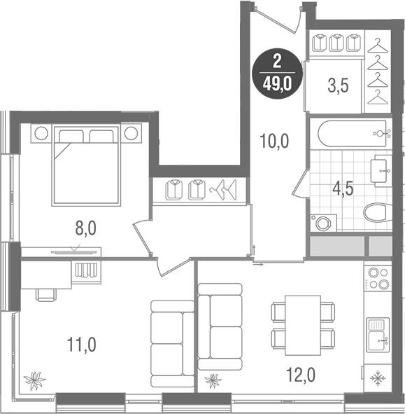 Планировка — Кантемировский, 2-комн., 49 м²