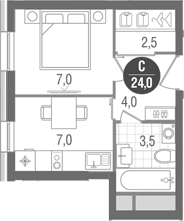 Планировка — Кантемировский, Студия, 24 м²
