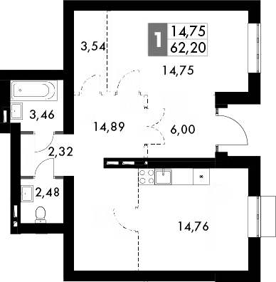 Планировка — Жаворонки Клаб, 1-комн., 64 м²