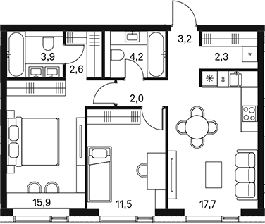 Планировка — Moments, 3-комн., 63 м²