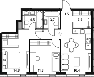 Планировка — Moments, 3-комн., 60 м²