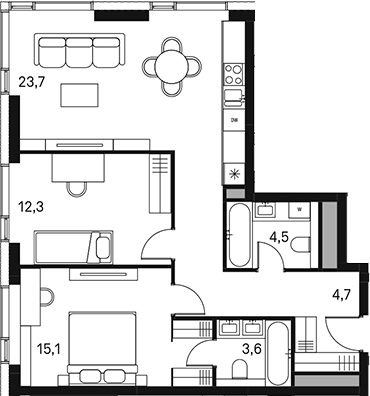 Планировка — Moments, 3-комн., 70 м²