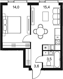 Планировка — Moments, 2-комн., 37 м²