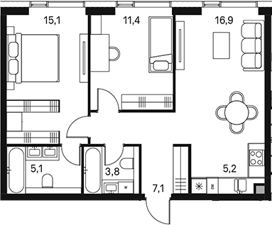 Планировка — Moments, 3-комн., 65 м²