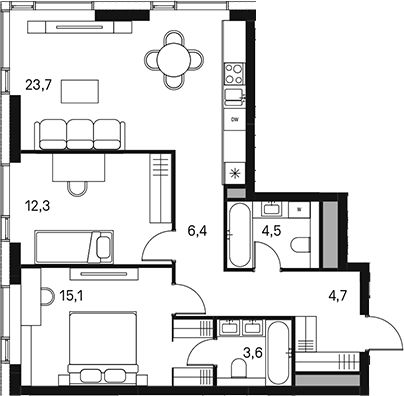 Планировка — Moments, 3-комн., 70 м²