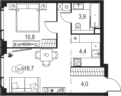 Планировка — Левел Мичуринский, 2-комн., 40 м²