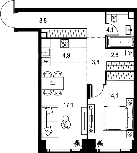 Планировка — Левел Мичуринский, 2-комн., 56 м²