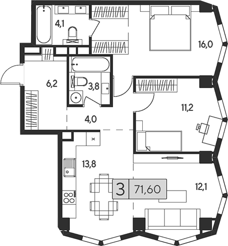 Планировка — Indy Towers, 3-комн., 72 м²