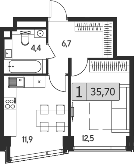 Планировка — Indy Towers, 1-комн., 36 м²