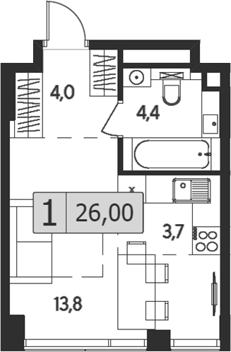 Планировка — Indy Towers, Студия, 26 м²