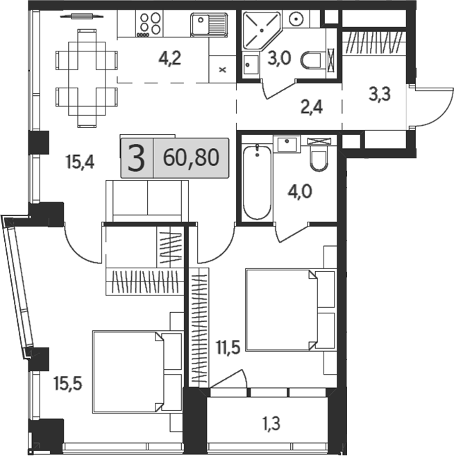 Планировка — Indy Towers, 3-комн., 60 м²