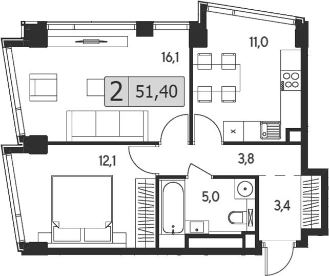 Планировка — Indy Towers, 2-комн., 51 м²