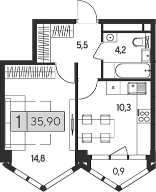 Планировка — Indy Towers, 1-комн., 35 м²
