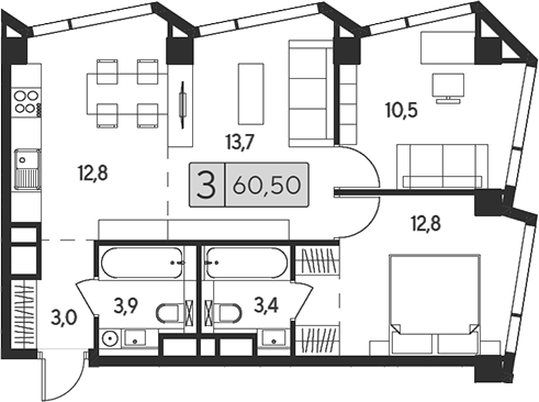 Планировка — Indy Towers, 3-комн., 61 м²