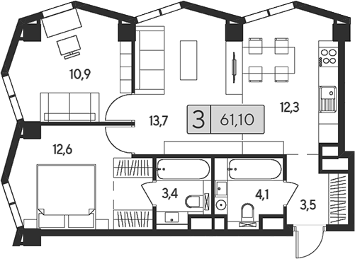 Планировка — Indy Towers, 3-комн., 61 м²