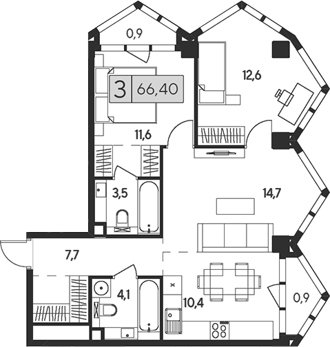 Планировка — Indy Towers, 3-комн., 65 м²