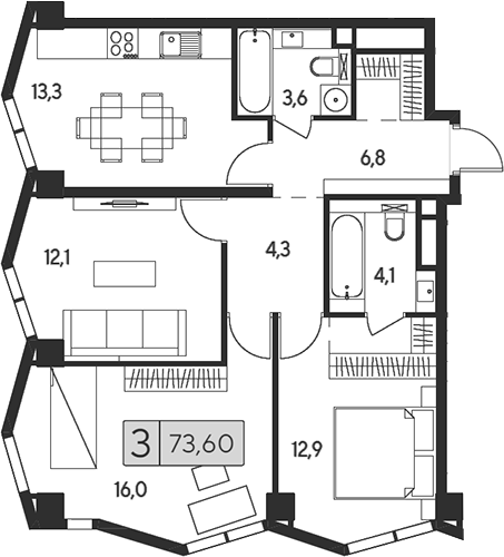 Планировка — Indy Towers, 3-комн., 74 м²