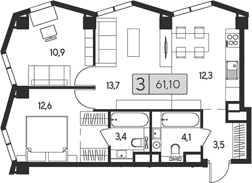 Планировка — Indy Towers, 3-комн., 61 м²