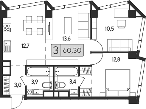 Планировка — Indy Towers, 3-комн., 60 м²