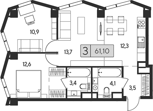 Планировка — Indy Towers, 3-комн., 61 м²