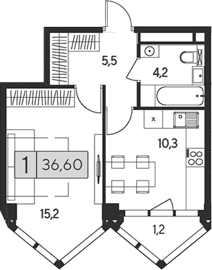 Планировка — Indy Towers, 1-комн., 35 м²