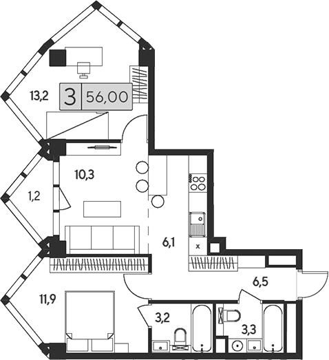 Планировка — Indy Towers, 3-комн., 55 м²