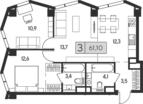 Планировка — Indy Towers, 3-комн., 61 м²
