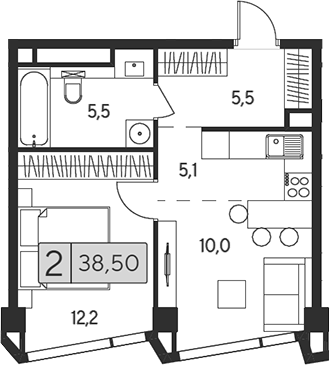 Планировка — Indy Towers, 2-комн., 39 м²