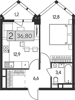 Планировка — Indy Towers, 2-комн., 36 м²