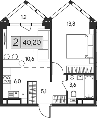 Планировка — Indy Towers, 2-комн., 39 м²