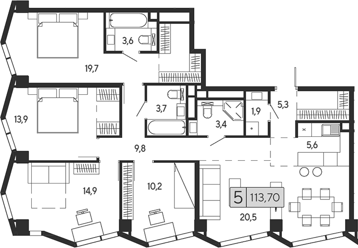 Планировка — Indy Towers, 5-комн., 114 м²
