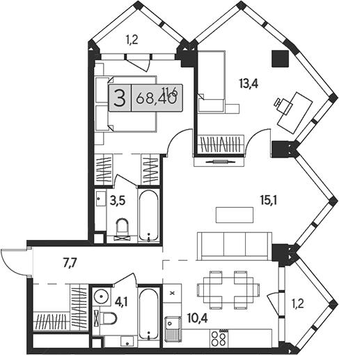 Планировка — Indy Towers, 3-комн., 66 м²